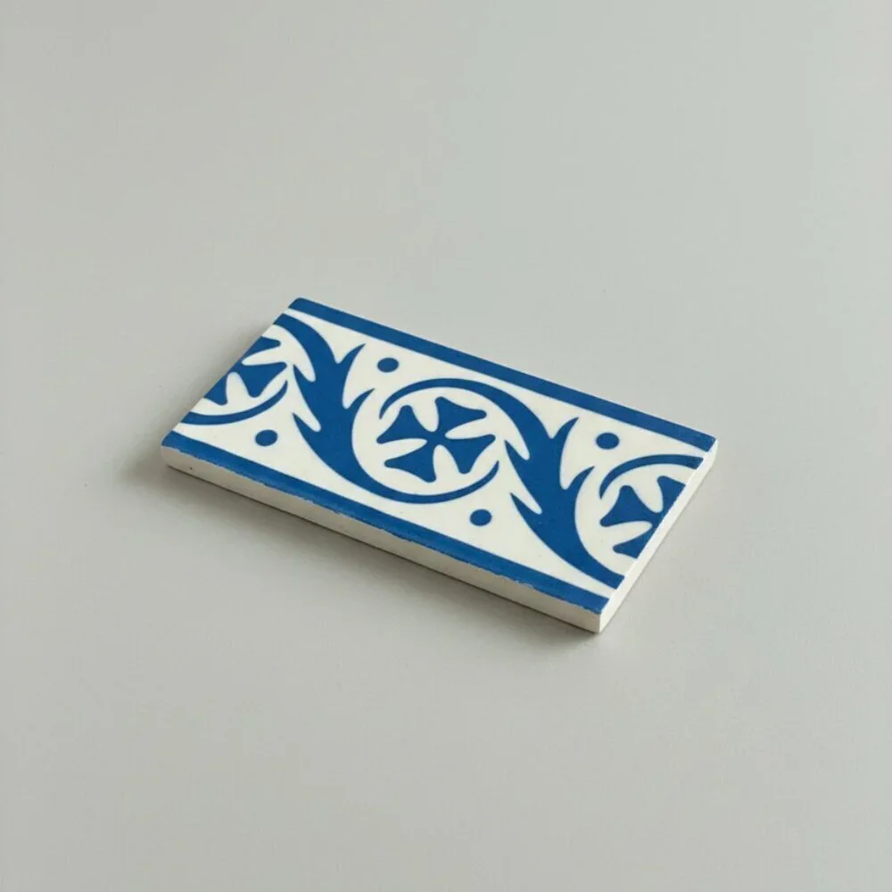 Rare Blue White Border Tile | Vintage Architectural Salvage Kitchen Decor - Picture 2 of 8